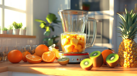 A bright kitchen scene with a blender surrounded by sliced oranges, pineapples, and kiwis ready to be blended.の素材