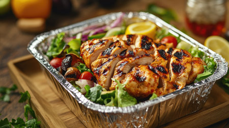 A foil food box filled with fresh salad and grilled chicken, ready for a healthy takeaway meal on the go.の素材
