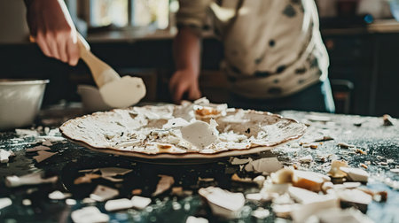 A broken ceramic plate with pieces scattered on a table, and a distressed person in the background cleaning the mess.の素材