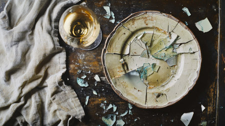 A broken ceramic plate in pieces, with some shards mixed with a spilled glass of wine and a cloth.の素材