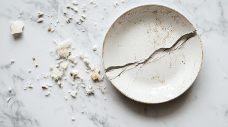A broken ceramic plate with a dramatic crack running through it, with pieces and crumbs scattered on a clean countertop.の素材