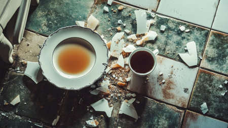 A broken ceramic plate on a tiled kitchen floor, with shards scattered around it, and a spilled cup of tea.の素材