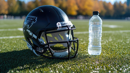 A black football helmet with a matte finish sitting near a water bottle on a practice field.の素材