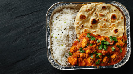 A foil food box with a rich curry dish, rice, and naan bread, served as a takeaway meal for lunch or dinner.の素材