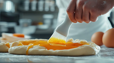 A focused shot of a pastry chef brushing egg yolk onto uncooked bread dough with a silicone brush, set in a modern kitchen.の素材