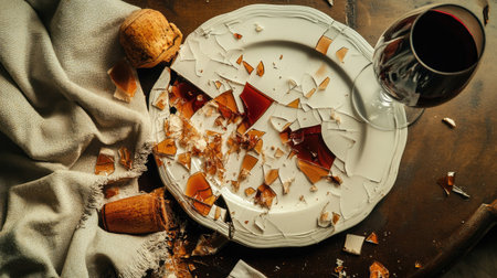 A broken ceramic plate in pieces, with some shards mixed with a spilled glass of wine and a cloth.の素材