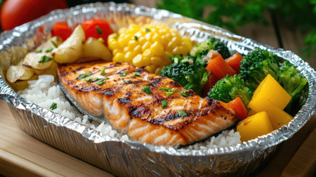 A foil food box with a delicious takeaway meal of grilled salmon, steamed vegetables, and rice, wrapped securely.の素材