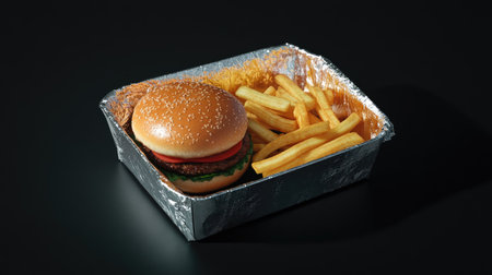 A foil food box containing a classic takeaway meal of burger and fries, with the lid slightly ajar.の素材