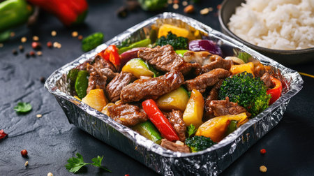 A foil food box with a fresh takeaway meal of beef and vegetable stir-fry, with a side of steamed rice.の素材