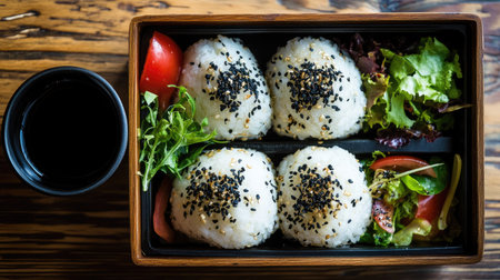 A beautifully presented Japanese bento box with stuffed onigiri, a side of fresh salad, and dipping sauce.の素材