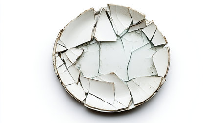 A broken ceramic plate, with sharp shards and cracked edges, placed on a white background to highlight the damage.の素材