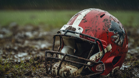 A football helmet partially buried in mud during a rainy game on a natural grass field.の素材