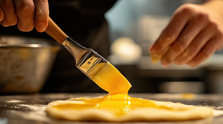 A focused shot of a pastry chef brushing egg yolk over raw bread dough, with the kitchen background softly blurred.の素材
