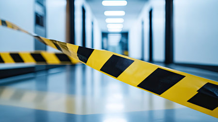 Yellow and black barricade tape stretched across a modern office corridor, signifying restricted accessの素材