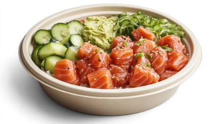 A beautifully presented poke bowl with salmon, cucumber, and avocado, served in a take-out bowl on a white background.の素材