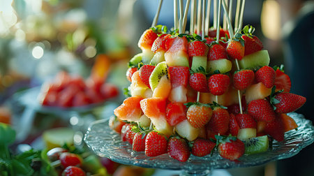 A beautiful arrangement of fresh fruit skewers, including strawberries, melon, and kiwi, ready to be served at a party.の素材
