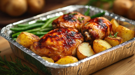 A foil food box with a hearty takeaway meal of roasted chicken, potatoes, and green beans, ready for a delicious lunch.の素材