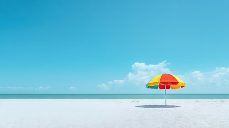 A bright and colorful beach umbrella placed on the sandy beach, against a perfect blue sky.の素材