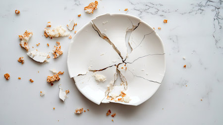 A broken ceramic plate with a dramatic crack running through it, with pieces and crumbs scattered on a clean countertop.の素材