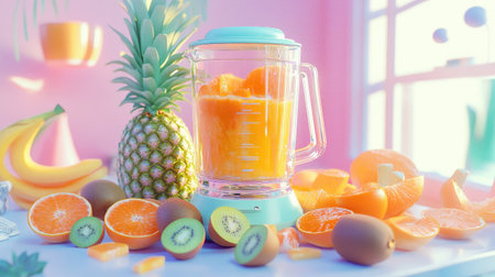 A bright kitchen scene with a blender surrounded by sliced oranges, pineapples, and kiwis ready to be blended.の素材