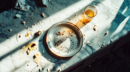 A broken ceramic plate on the floor, with a spilled drink nearby and remnants of a meal on the counter.の素材