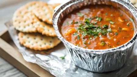 A foil food box containing a warm, comforting soup, with a side of crackers, perfect for a takeaway meal.の素材