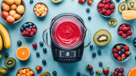A blender mid-action, creating a swirl of red and orange smoothie while surrounded by fresh fruit bowls.の素材