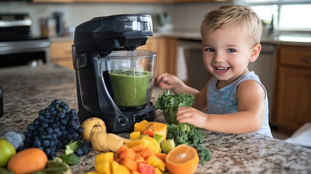 A fitness enthusiast making a smoothie in a blender, with a variety of fruits and greens laid out on the counter.の素材