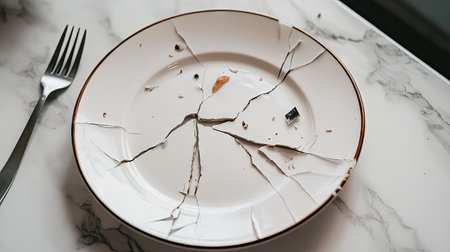 A broken ceramic dinner plate with visible cracks and pieces, lying on a clean kitchen surface with a fork and knife nearby.の素材