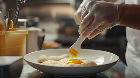 A focused shot of a pastry chef brushing egg yolk onto uncooked bread dough with a silicone brush, set in a modern kitchen.の素材