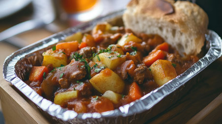 A foil food box containing a hearty stew, with a side of bread, perfect for a warm takeaway meal.の素材
