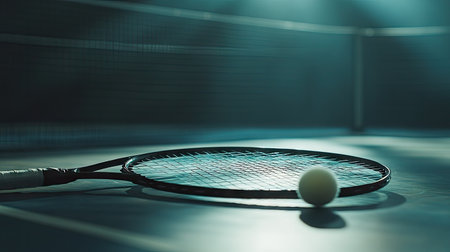 A badminton racket placed beside a shuttlecock on the court, with soft light highlighting the equipment.の素材