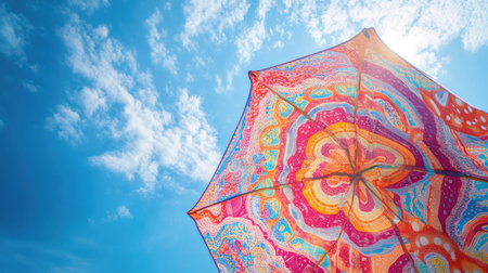 A bright beach umbrella with a unique pattern, standing out against the backdrop of a vibrant blue sky.の素材