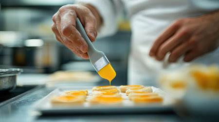 A focused shot of a pastry chef brushing egg yolk onto uncooked bread dough with a silicone brush, set in a modern kitchen.の素材