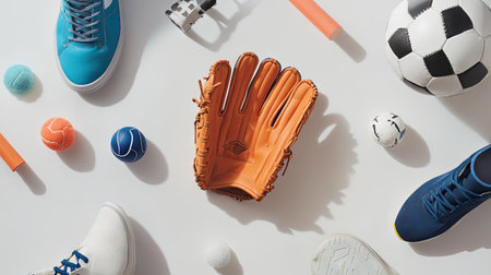 A flat lay of assorted sports equipment including a baseball glove, soccer ball, and running shoes, isolated on white.の素材