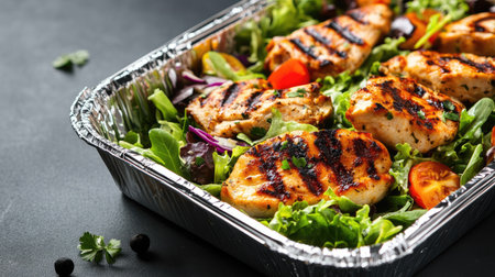 A foil food box filled with fresh salad and grilled chicken, ready for a healthy takeaway meal on the go.の素材