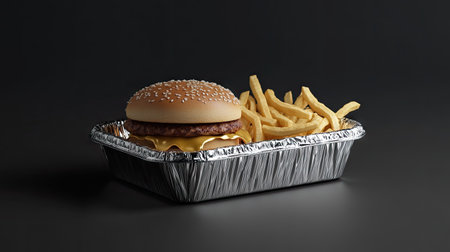 A foil food box containing a classic takeaway meal of burger and fries, with the lid slightly ajar.の素材