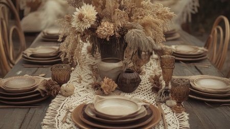 A boho-style festive table with macram runners, earthy ceramics, and dried flowers in neutral tones.の素材