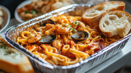 A foil food box with a portion of seafood pasta and garlic bread, freshly packed for a takeaway meal.の素材