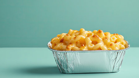 A foil food box containing a comforting takeaway meal of macaroni and cheese, with the lid slightly opened.の素材