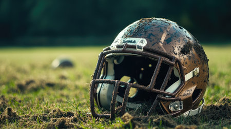 A football helmet with dirt and grass stains, lying on a field after an intense game.の素材