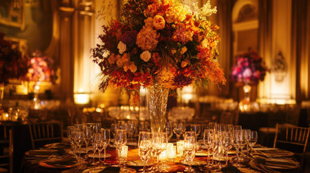 A formal dinner table setting with silver cutlery, wine glasses, and a tall floral centerpiece.の素材