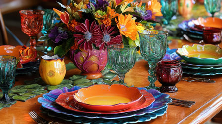 A festive table setup with a vibrant floral centerpiece, colorful plates, and matching glassware.の素材