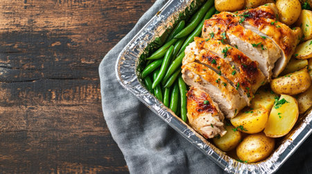 A foil food box with a hearty takeaway meal of roasted chicken, potatoes, and green beans, ready for a delicious lunch.の素材