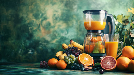 A blender surrounded by oranges, bananas, and grapes, with a glass of freshly made juice nearby.の素材