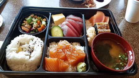 A beautifully arranged Japanese bento box with rice, miso soup, vegetables, and slices of sashimi.の素材
