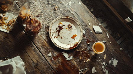 A broken ceramic plate on the floor, with a spilled drink nearby and remnants of a meal on the counter.の素材