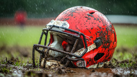 A football helmet partially buried in mud during a rainy game on a natural grass field.の素材