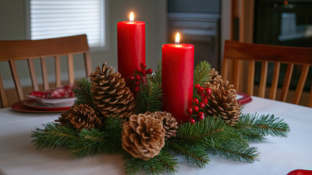 A beautifully decorated holiday table with a centerpiece of pinecones, greenery, and red candles on a white tablecloth.の素材