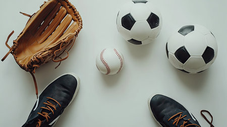 A flat lay of assorted sports equipment including a baseball glove, soccer ball, and running shoes, isolated on white.の素材